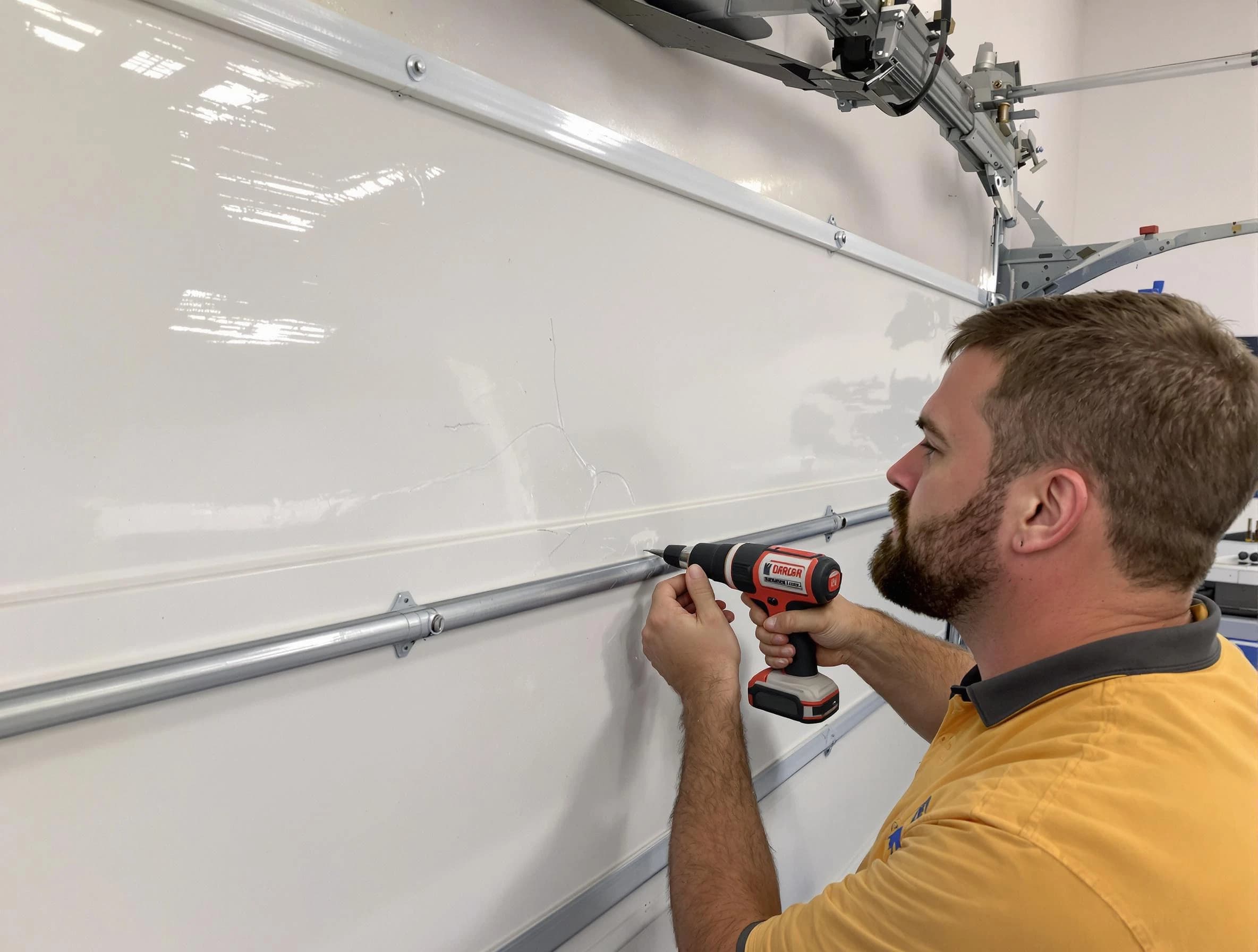 Plymouth Garage Door Repair expert performing dent repair on garage door in Plymouth