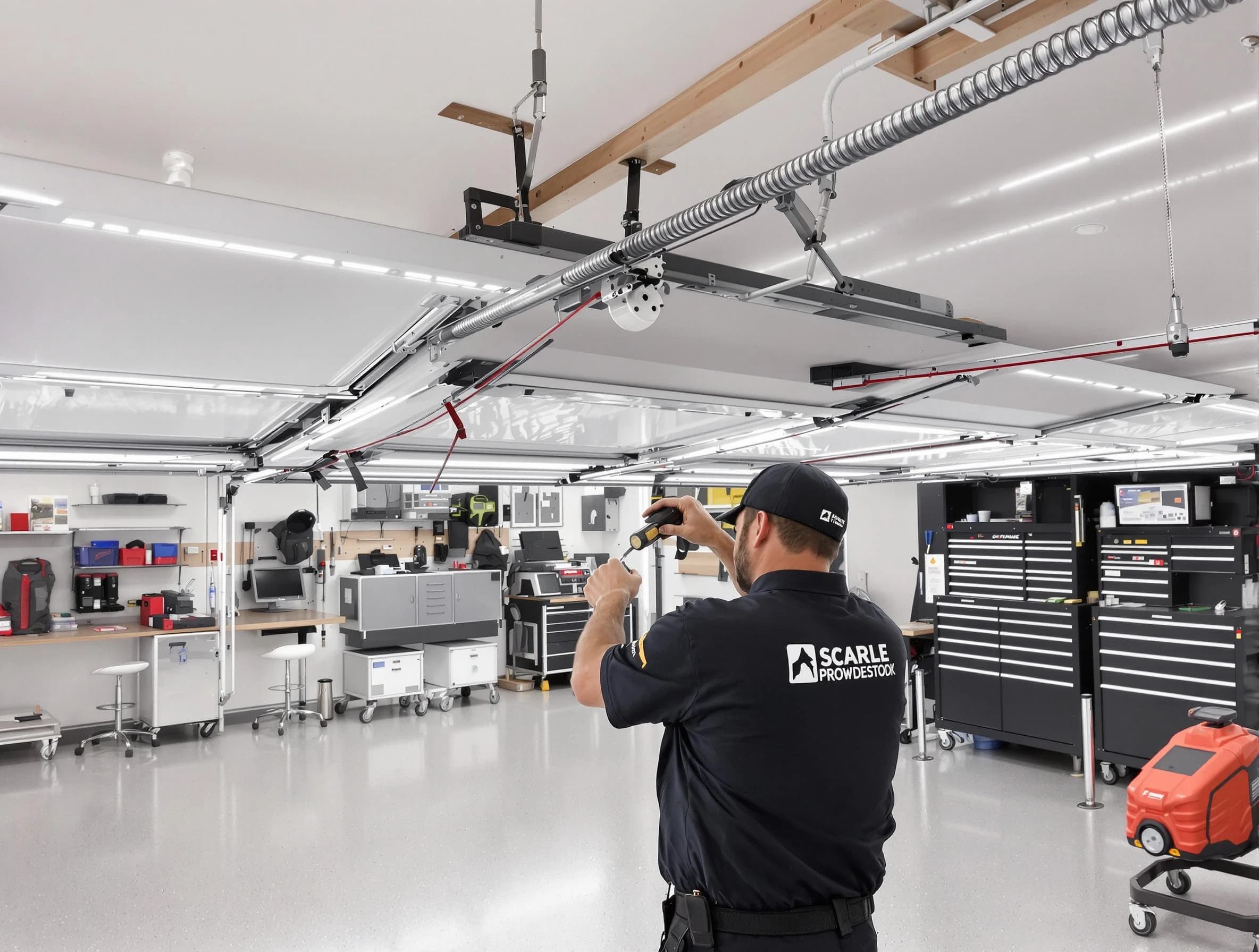 Plymouth Garage Door Repair technician repairing overhead garage door in Plymouth