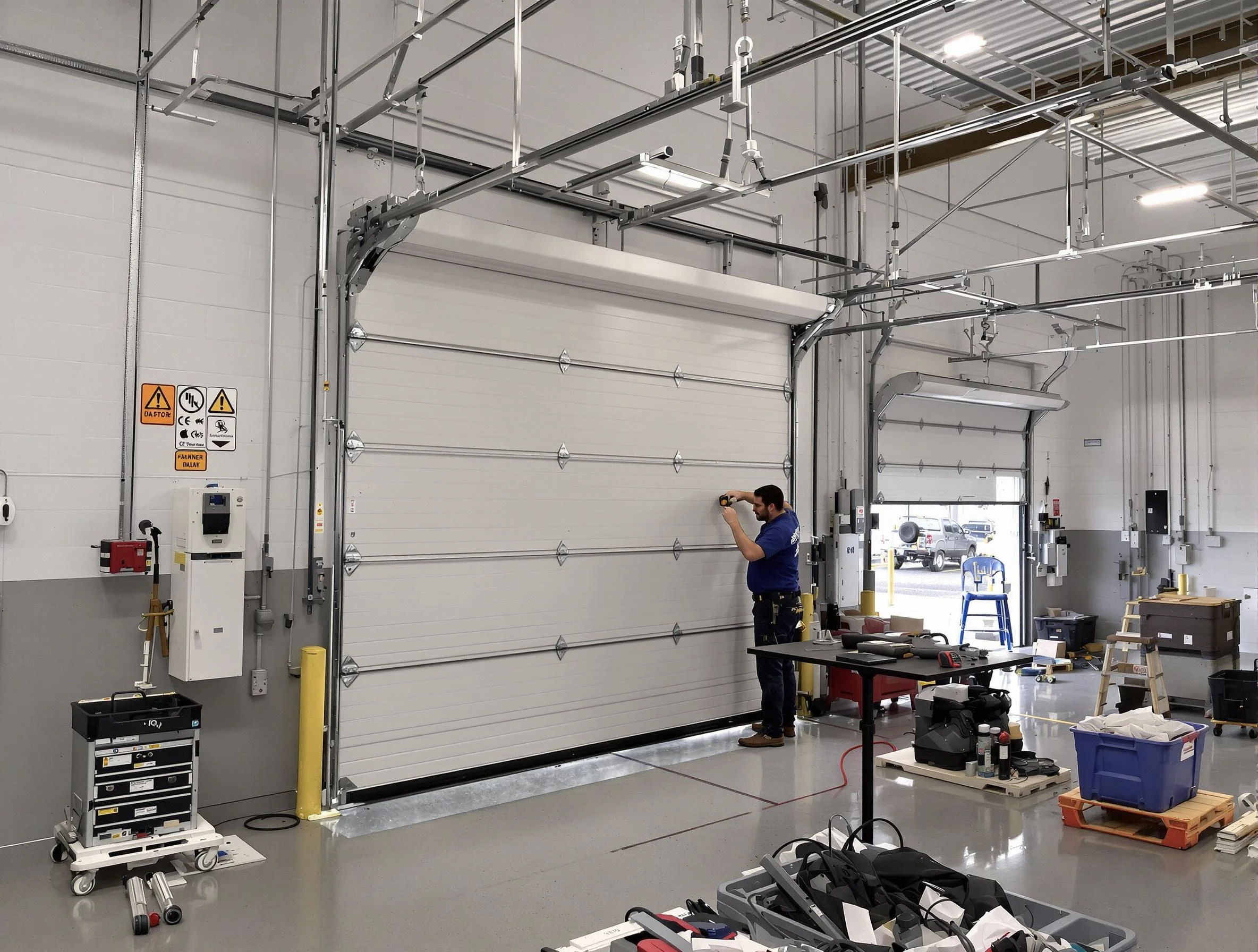 Commercial garage door repair being performed by Plymouth Garage Door Repair expert in Plymouth
