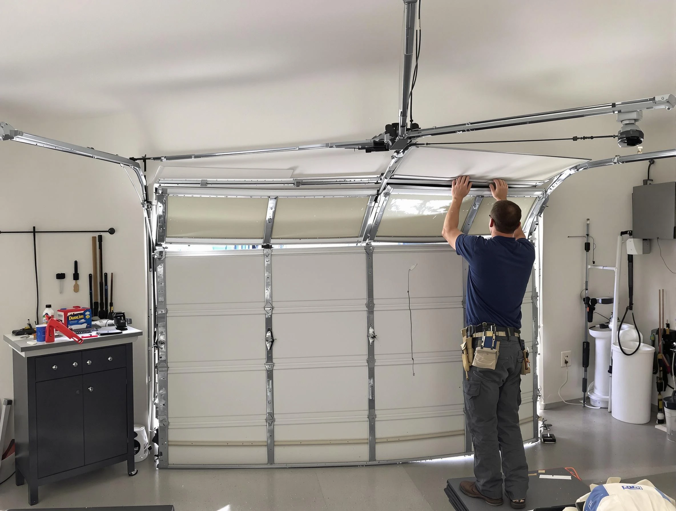 Plymouth Garage Door Repair specialist performing precise section replacement on Plymouth garage door
